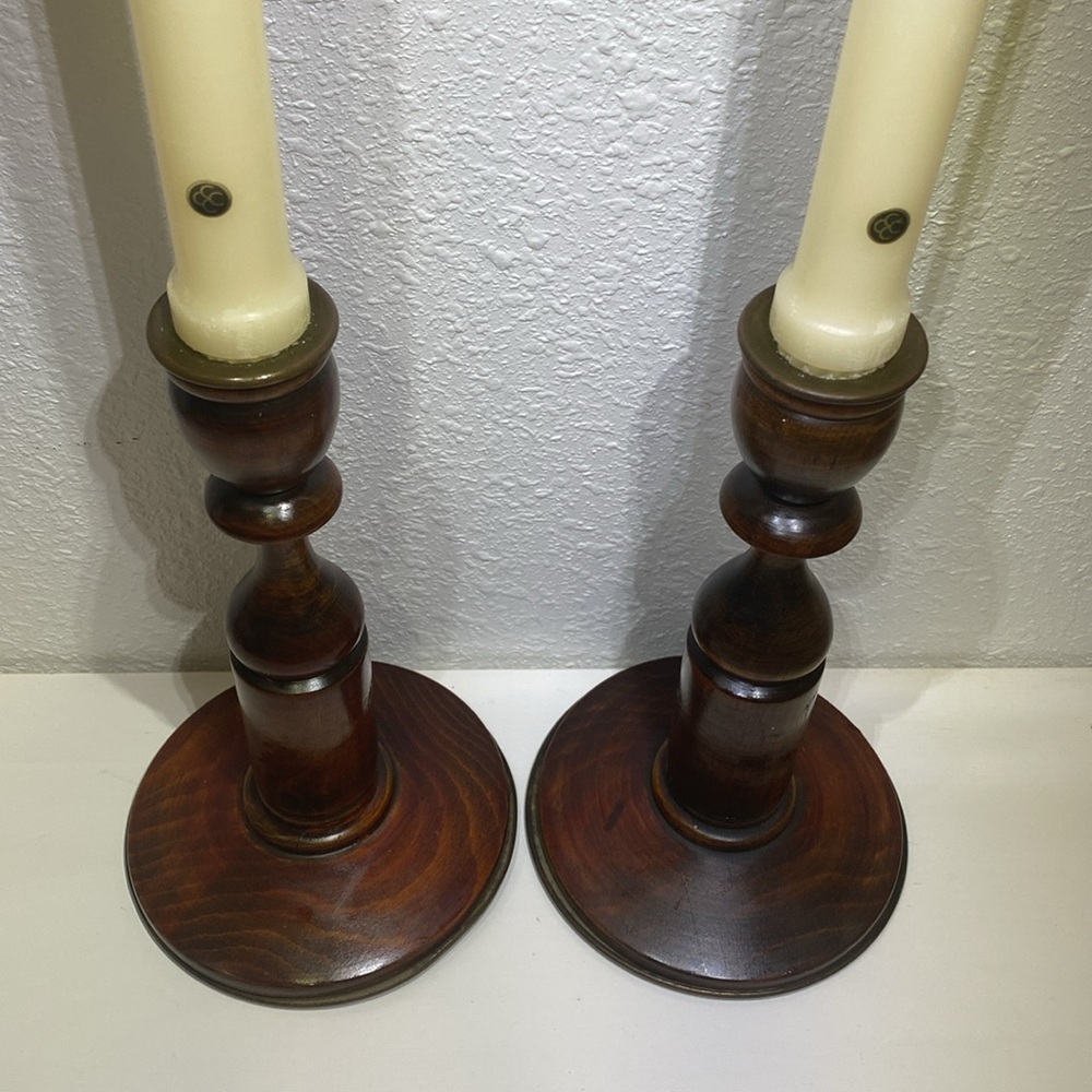 Vintage Turned Wood Candlestick Holders Set of 2 , Brass Bottom and Candle Inlay